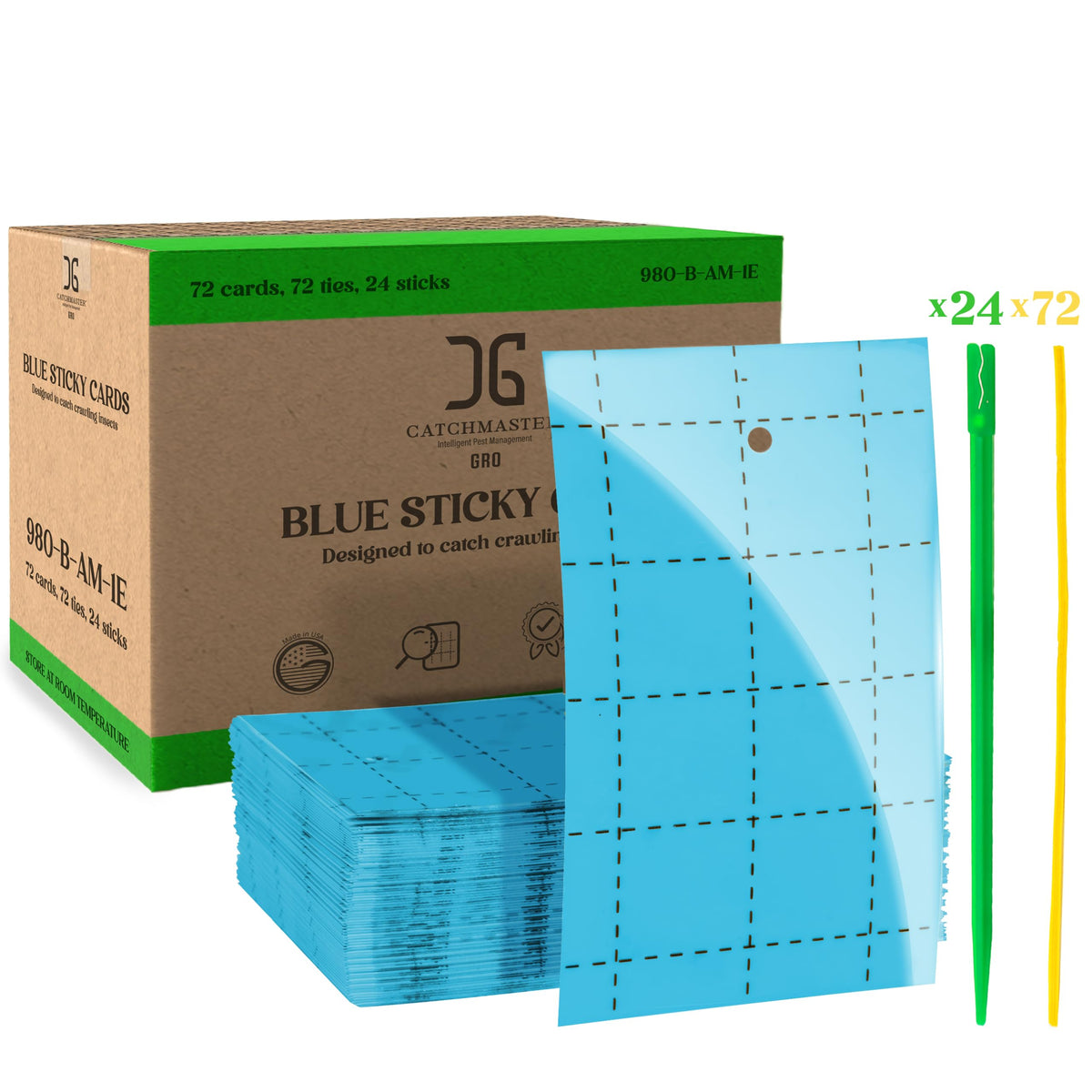 Catchmaster GRO Blue double-sided trap front view demonstrates strong adhesive for pest capture.