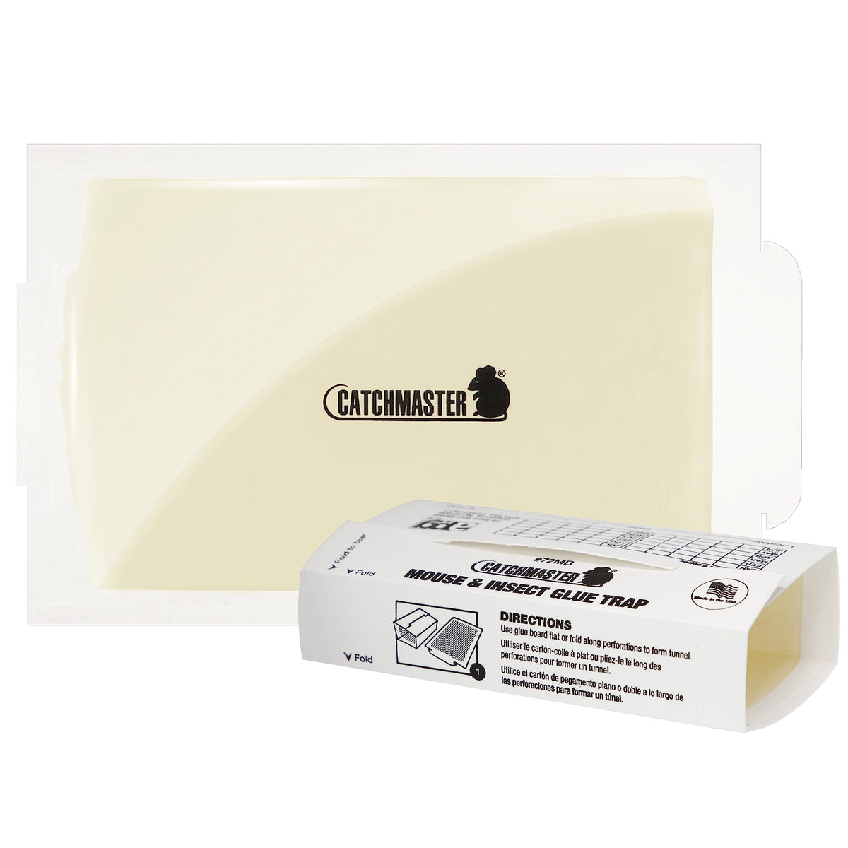 Catchmaster mouse glue trap placed on wall corner for easy, mess-free pest control