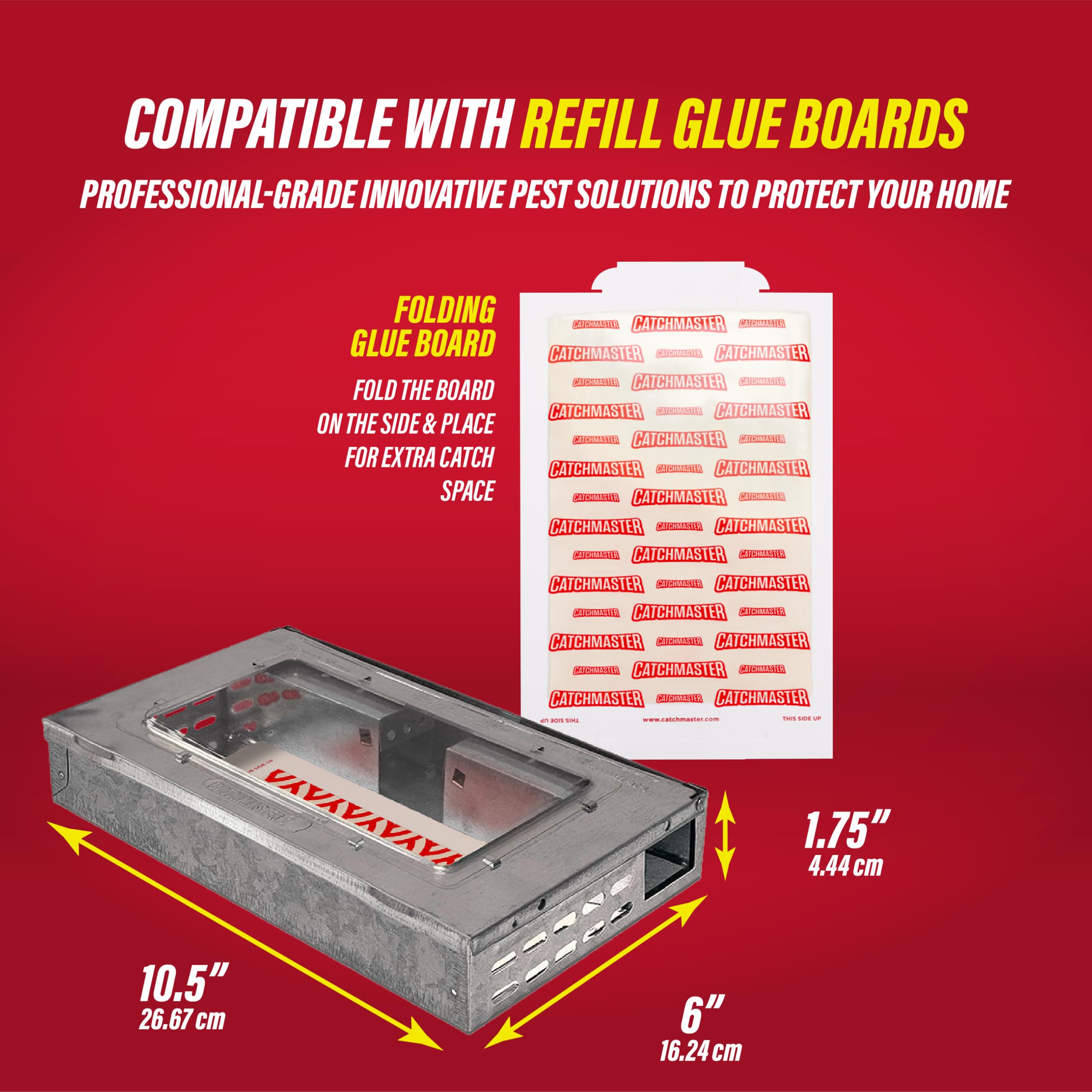Catchmaster Multi-Catch trap on baseboard for easy indoor placement.