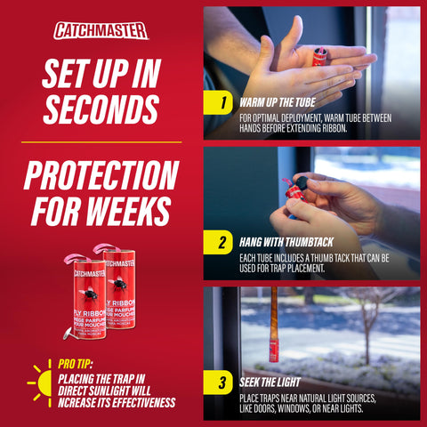 Catchmaster sticky fly strips installed near windows for year-round protection.