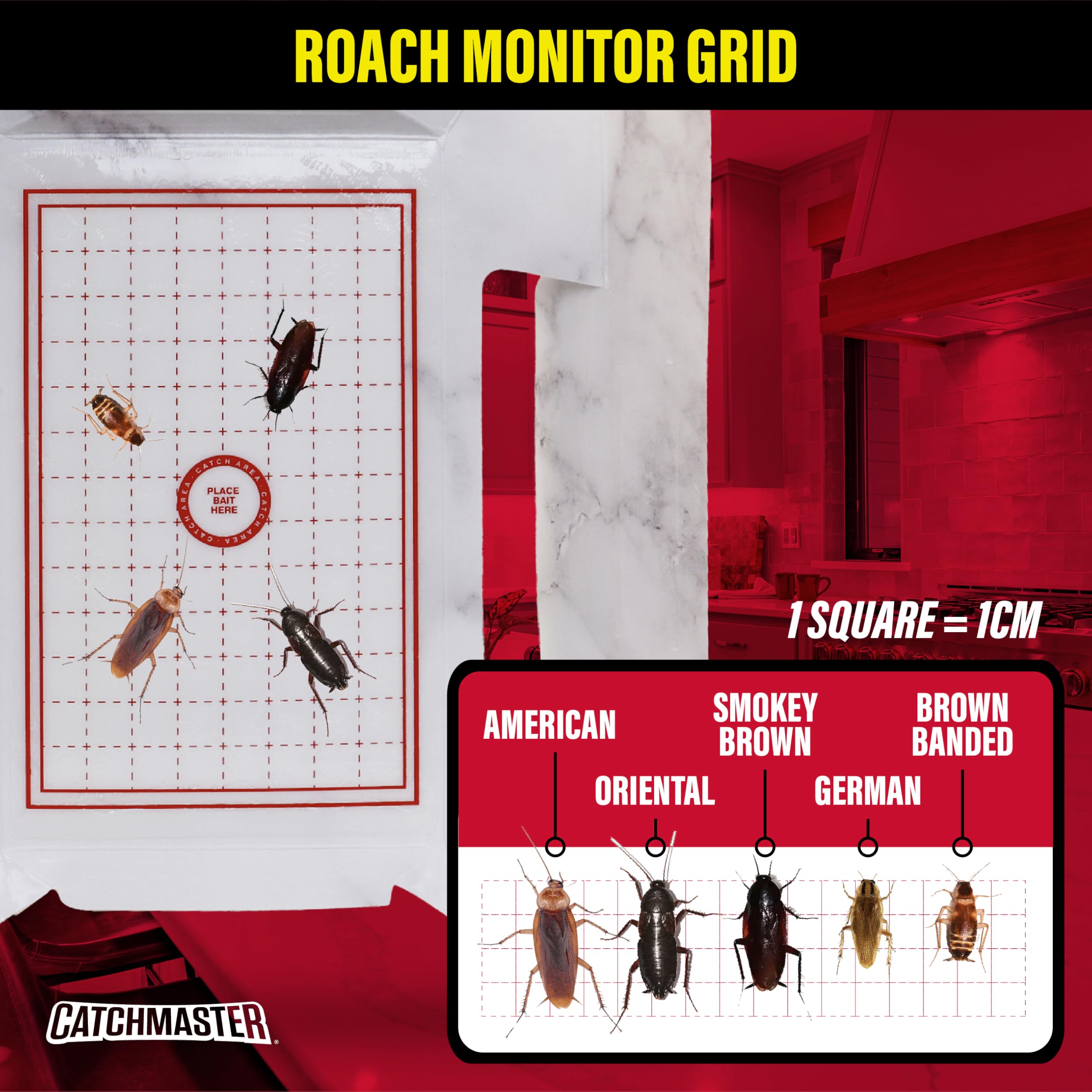 Catchmaster roach trap kitchen-application sits along walls to intercept roaches