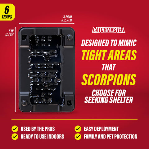 Catchmaster scorpion glue tray trap close-up captures pests along walls and pathways.