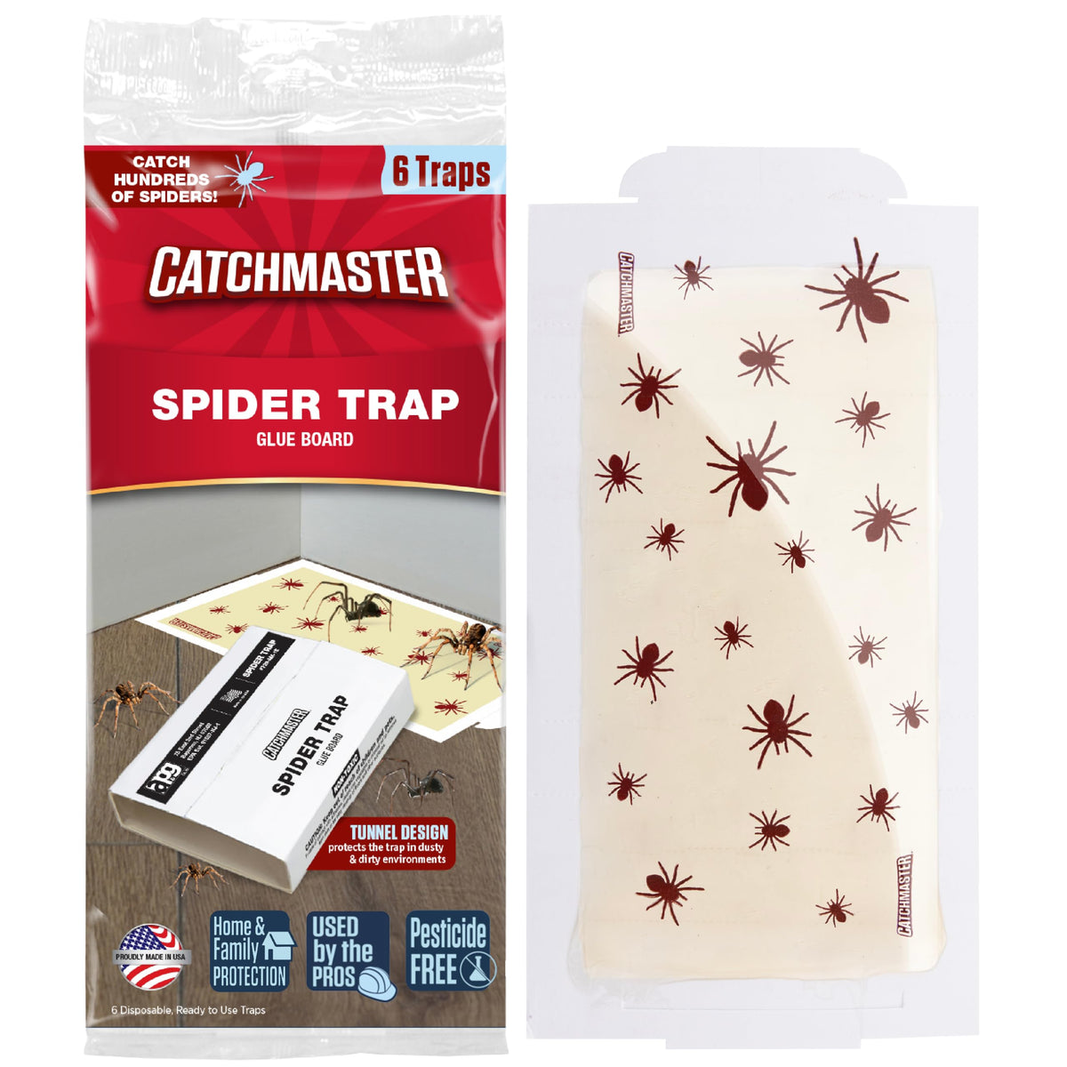 Catchmaster spider-traps glue board 6-pack on wall for pest capture.