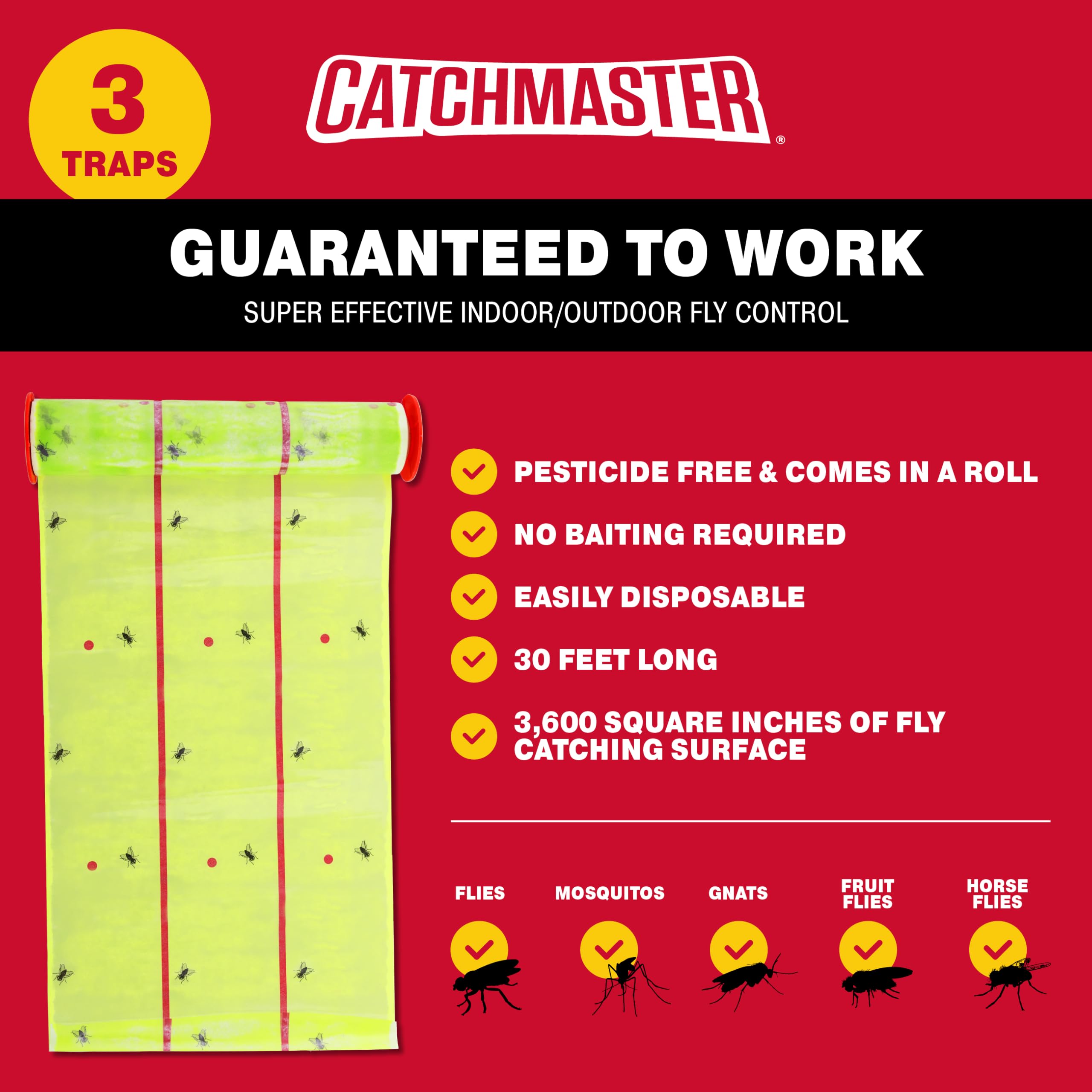Catchmaster sticky fly paper giant roll delivers 3600 square inches of catching surface.