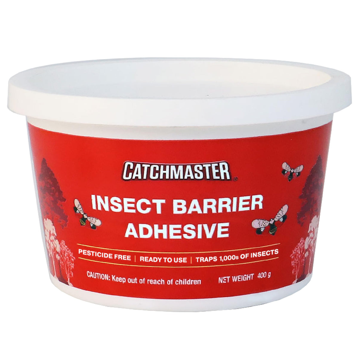 Catchmaster tree banding adhesive pail ready to shield trunks from crawling insects.