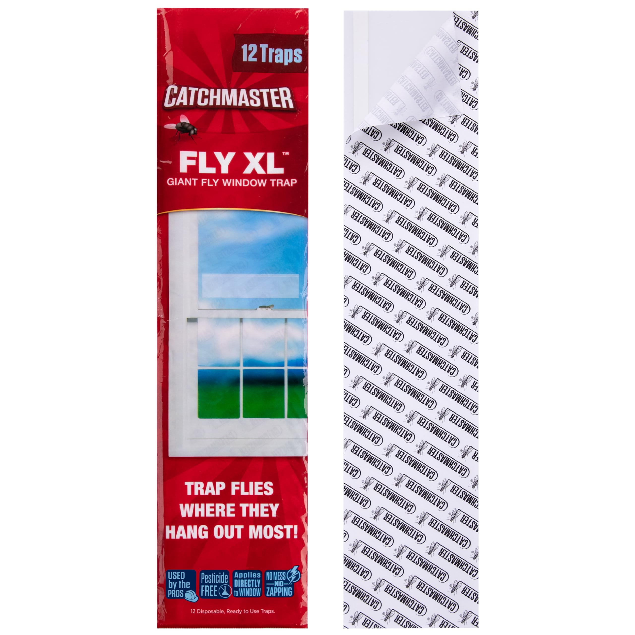 Catchmaster window fly traps 12-pack XL on a sill, discreet indoor pest control.