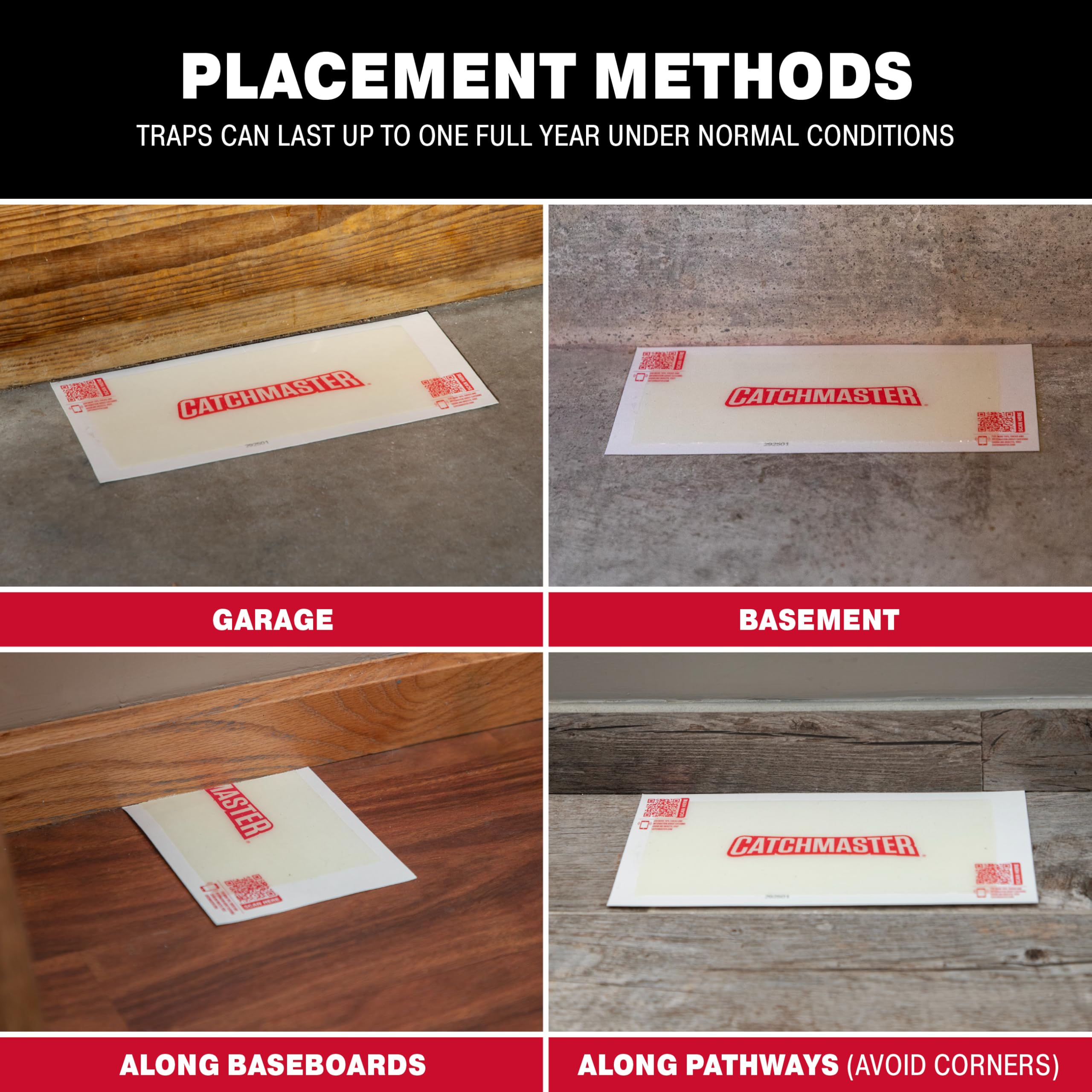 Catchmaster XL glue traps shown in an indoor shelf setting for placement.
