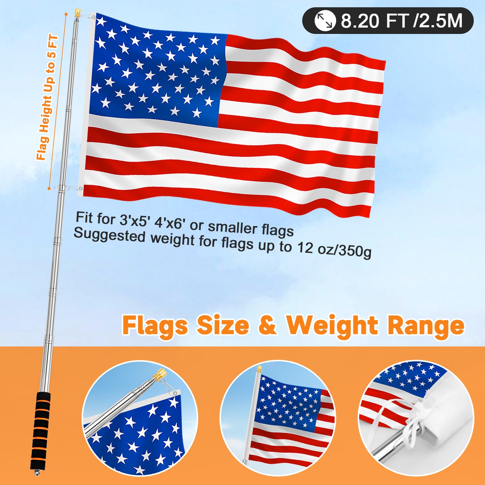 CATMOOW flagpole telescopes smoothly to full height during setup