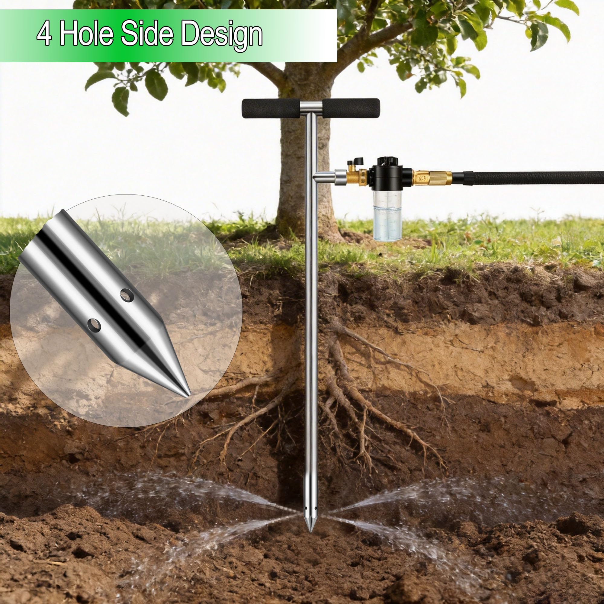 Caulimo stainless steel root feeder emphasizes durable construction and root nourishment.