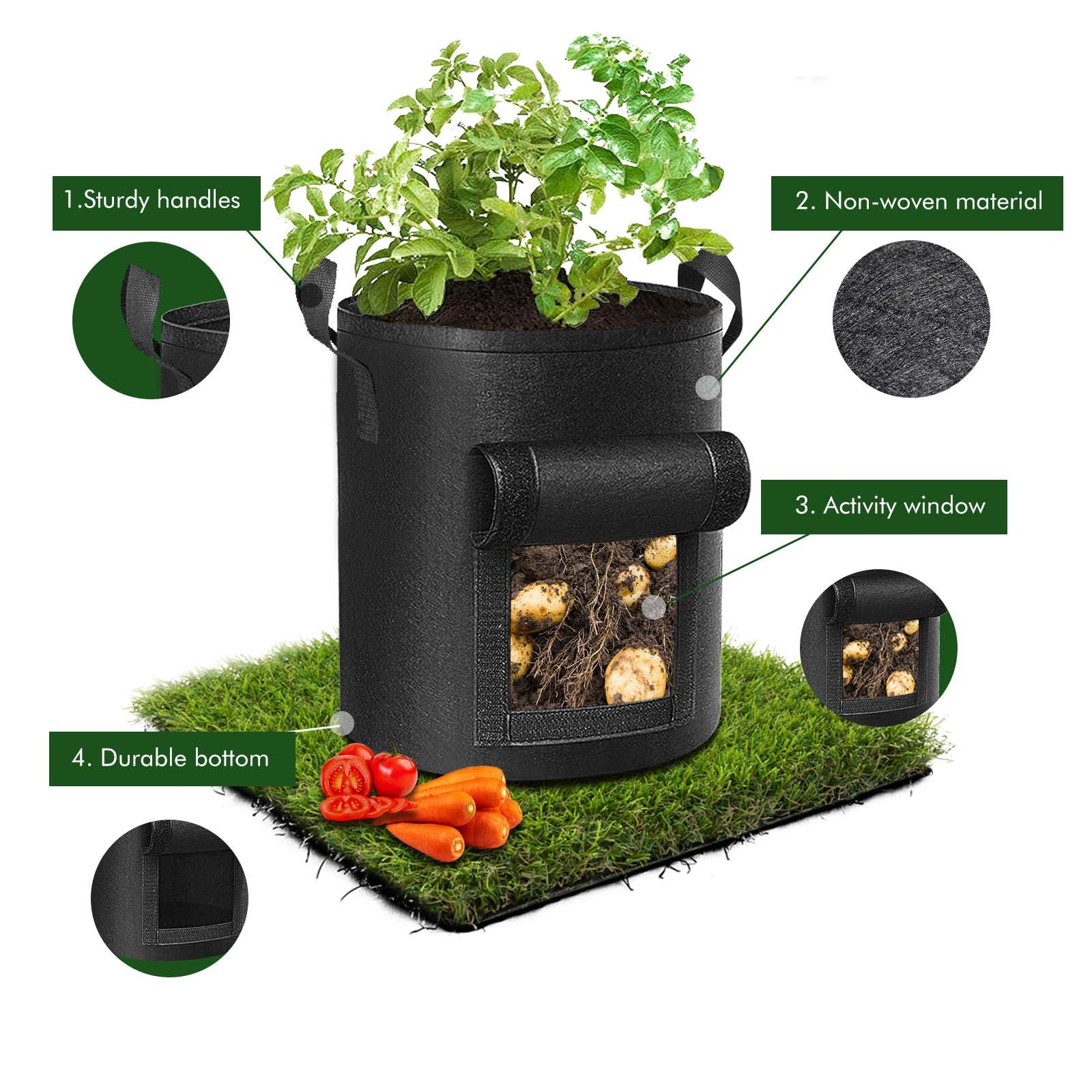 Cavisoo 5-pack 10 gallon potato grow bag with reinforced handle for easy transportation and sturdy lifting.