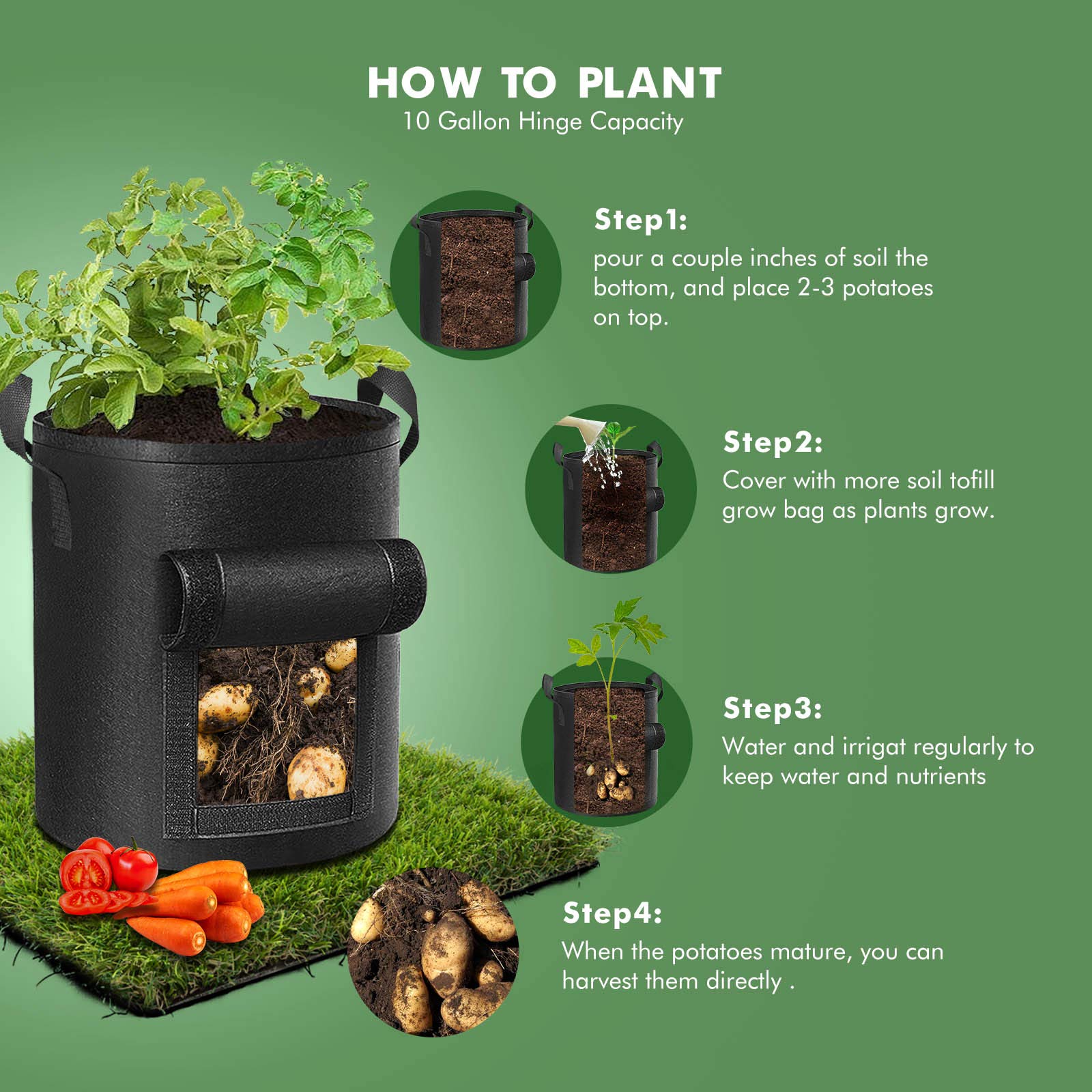 Cavisoo 5-pack 10 gallon potato grow bag designed for reuse over years, reducing waste and cost.