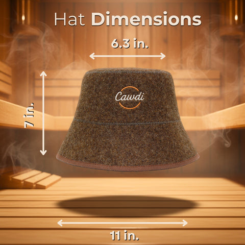 Cawdi wool sauna hat dimensions indicating spacious fit for long hair
