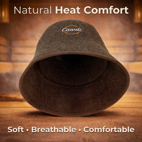 Cawdi wool sauna hat on display with other spa accessories