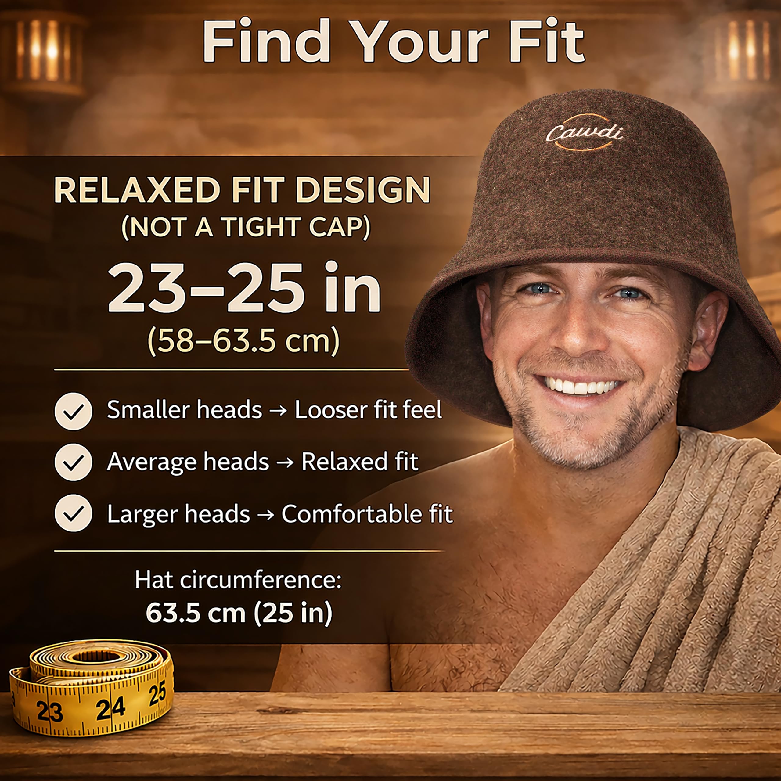 Cawdi wool sauna hat on head demonstrating relaxed unisex fit for comfort