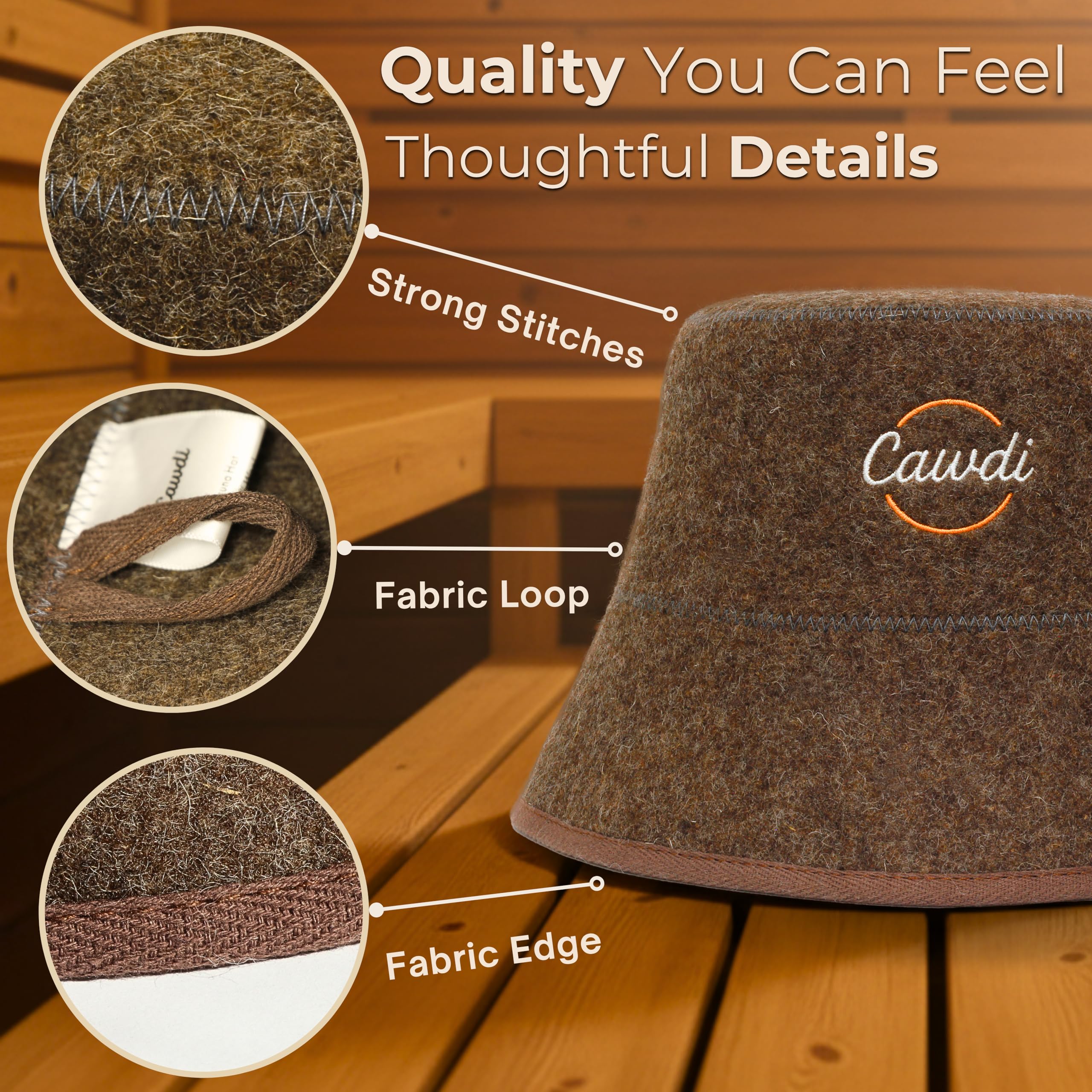 Cawdi wool sauna hat with spa towels in a calm wellness setting