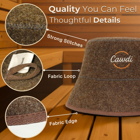 Cawdi wool sauna hat with spa towels in a calm wellness setting