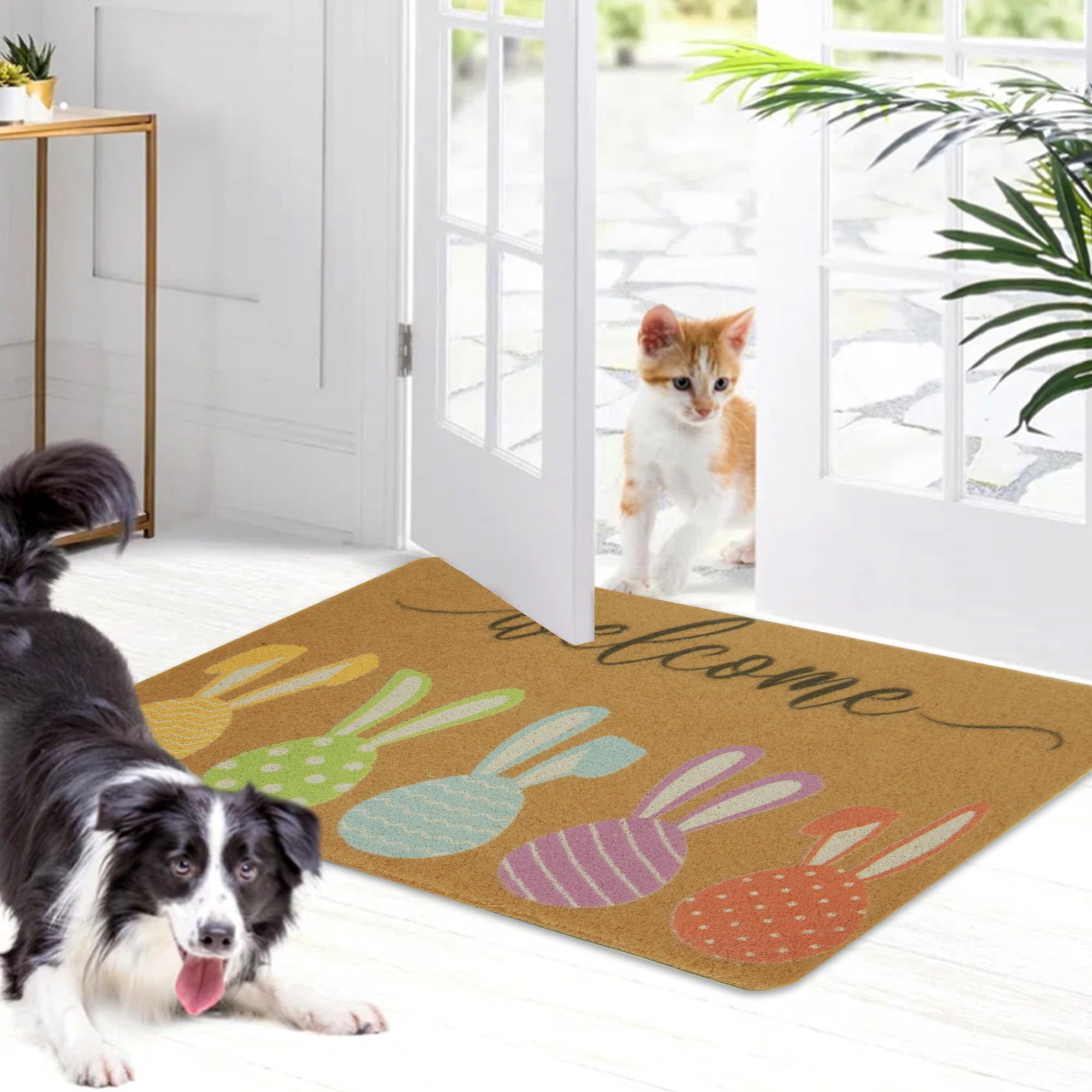 CaySep Easter Doormat front door mat showcases spring motif, inviting guests to wipe feet.