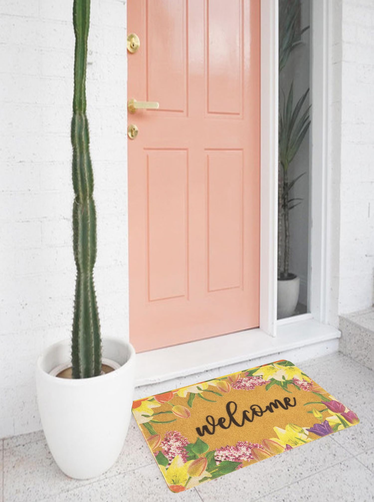 CaySep farmhouse-style welcome mat adds seasonal charm on porch.
