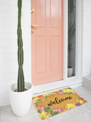 CaySep farmhouse-style welcome mat adds seasonal charm on porch.