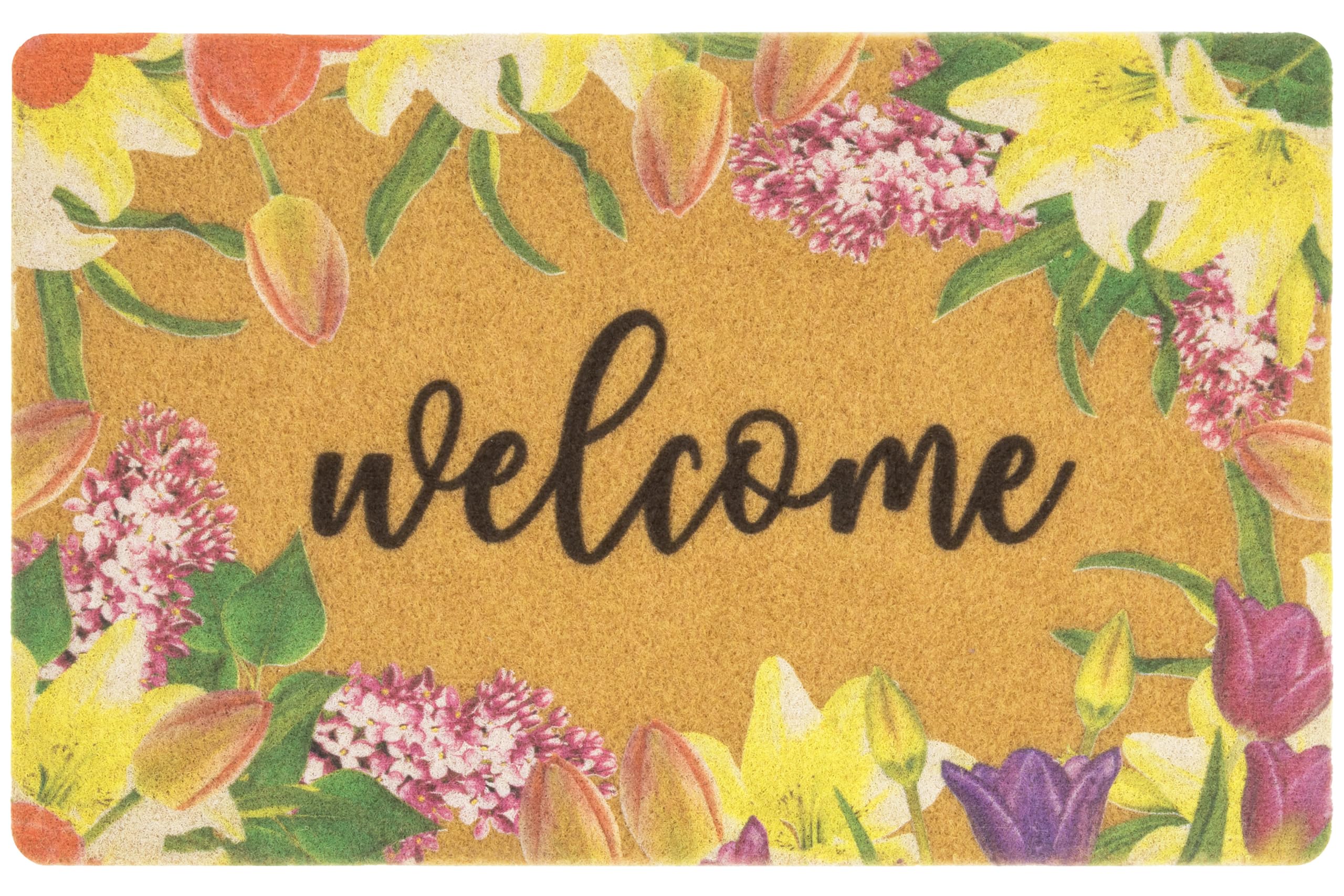 CaySep Welcome Door Mat in artificial coir with bright funny flowers design for stylish entryways.