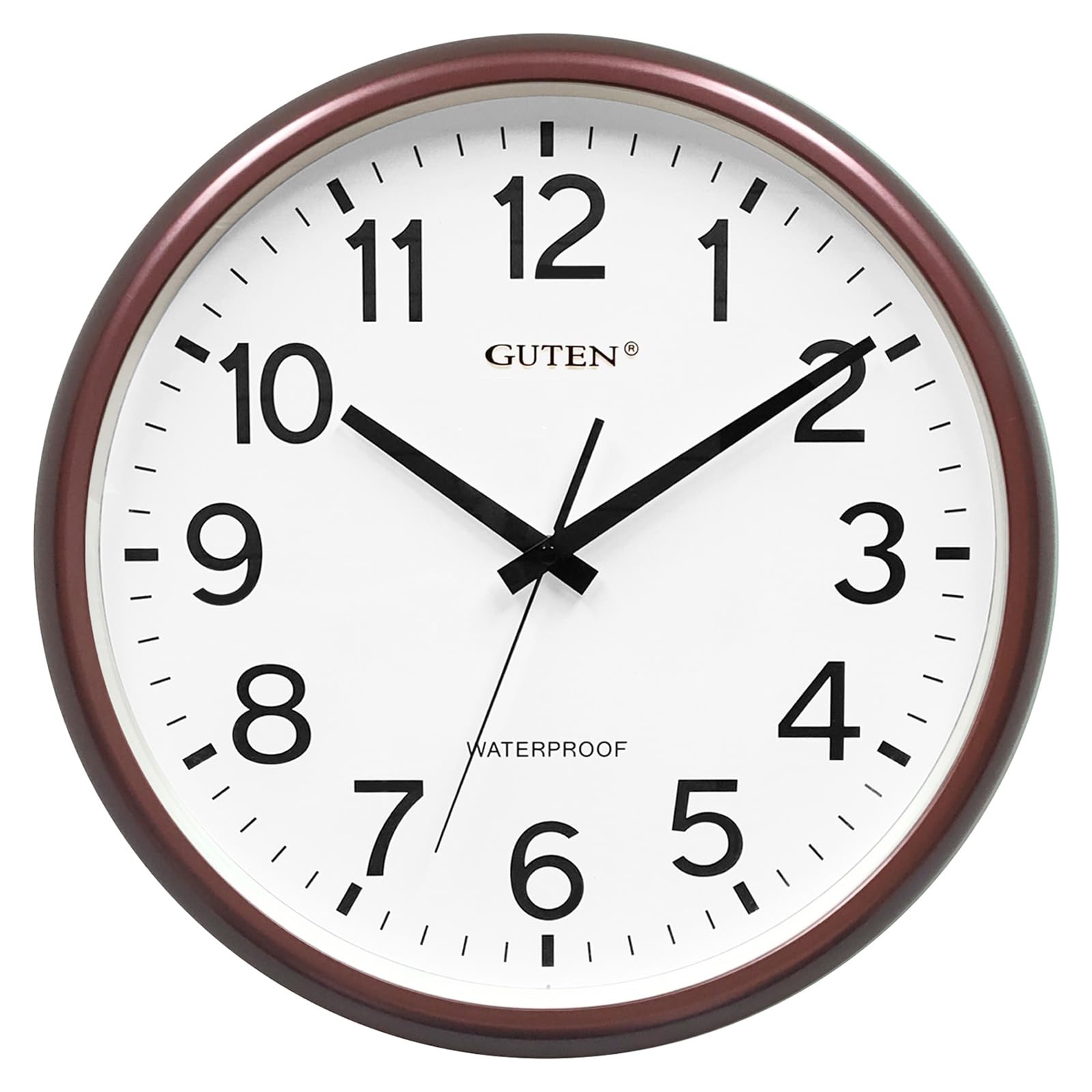 Caysie 16-inch outdoor clock sealed brown with bold numerals for easy distant viewing.