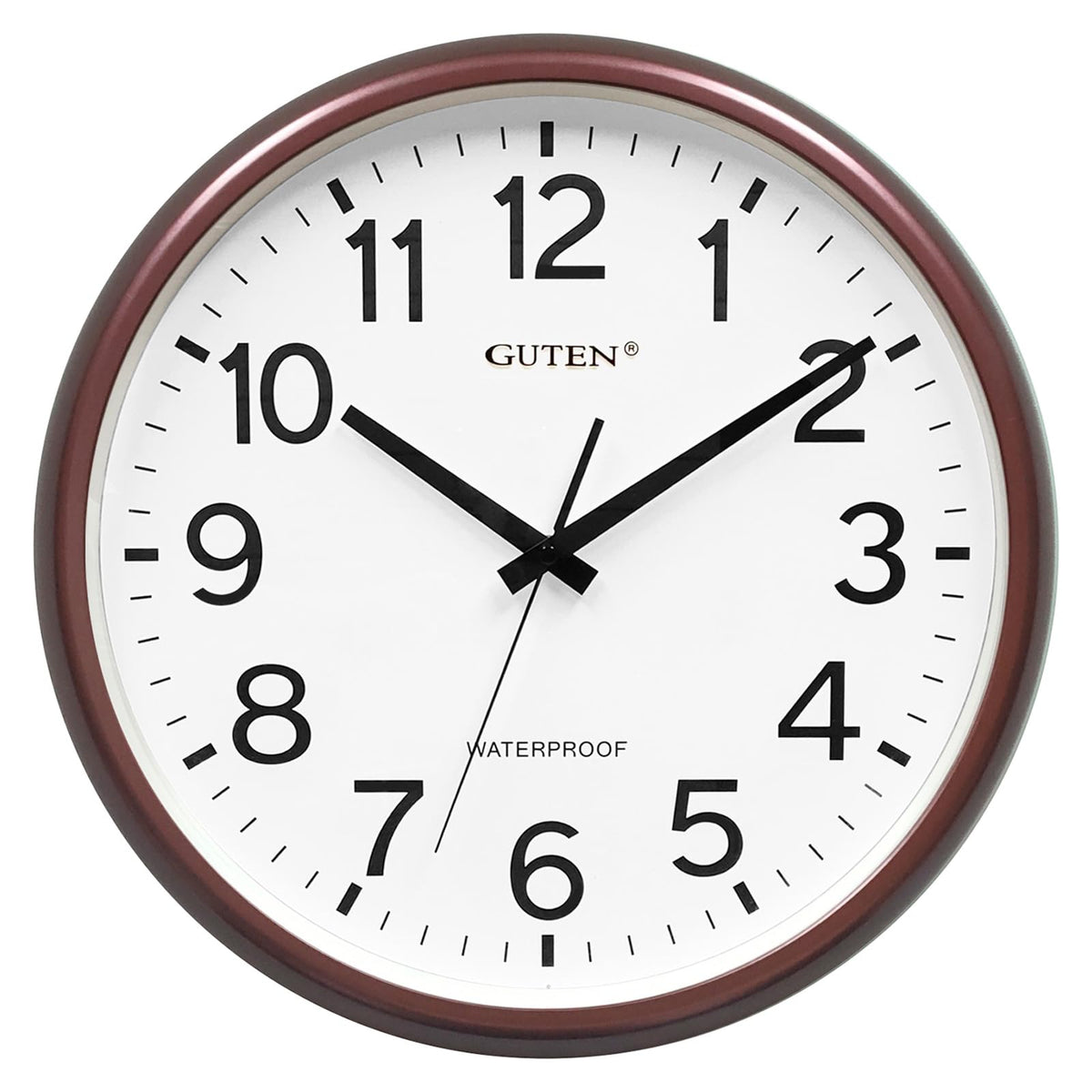 Caysie 16-inch outdoor clock sealed brown with bold numerals for easy distant viewing.