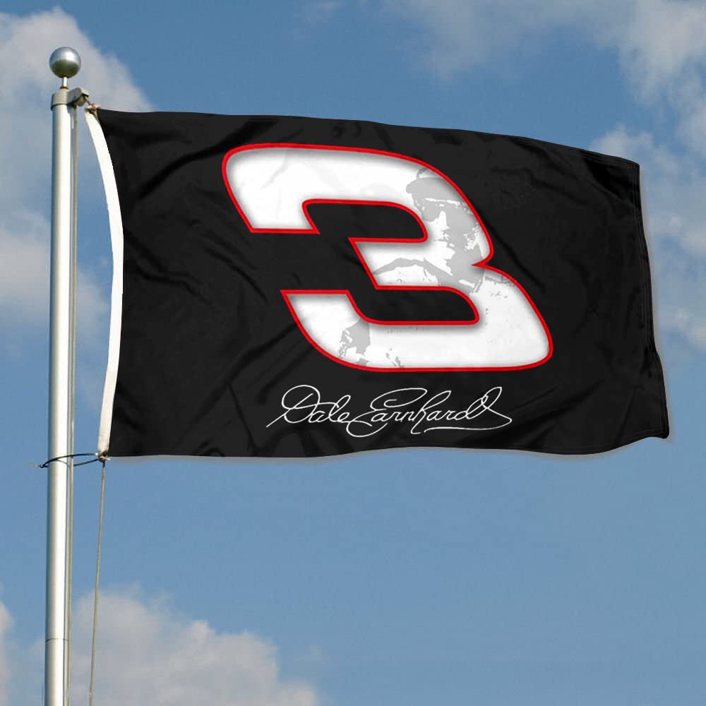 Cayyon Dale Earnhardt Sr flag banner back view shows mirrored print for double-sided visibility