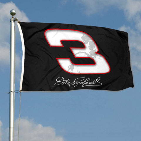 Cayyon Dale Earnhardt Sr flag banner back view shows mirrored print for double-sided visibility