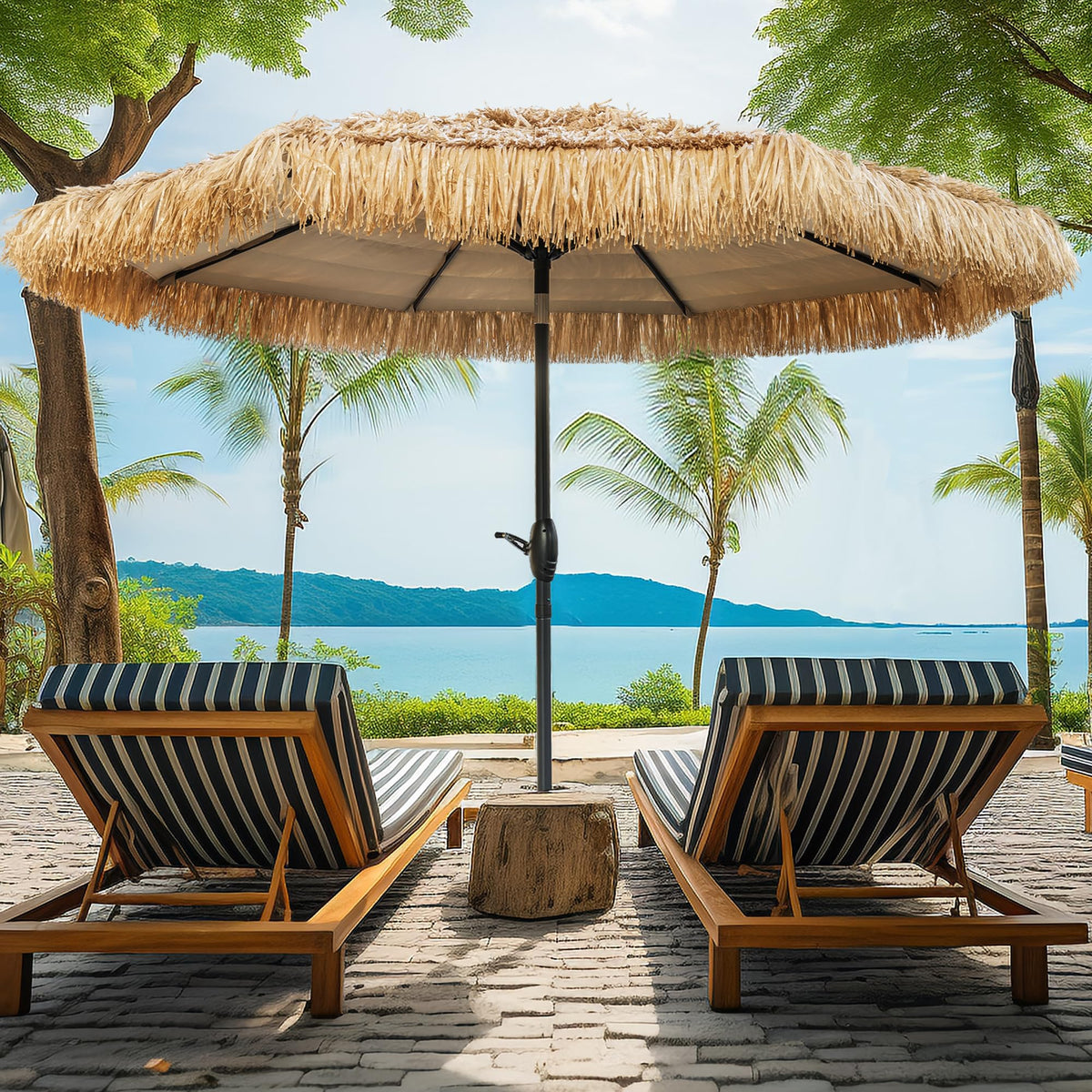 CBFULLRES 8FT Tiki Umbrella in patio setup provides shaded outdoor gatherings.