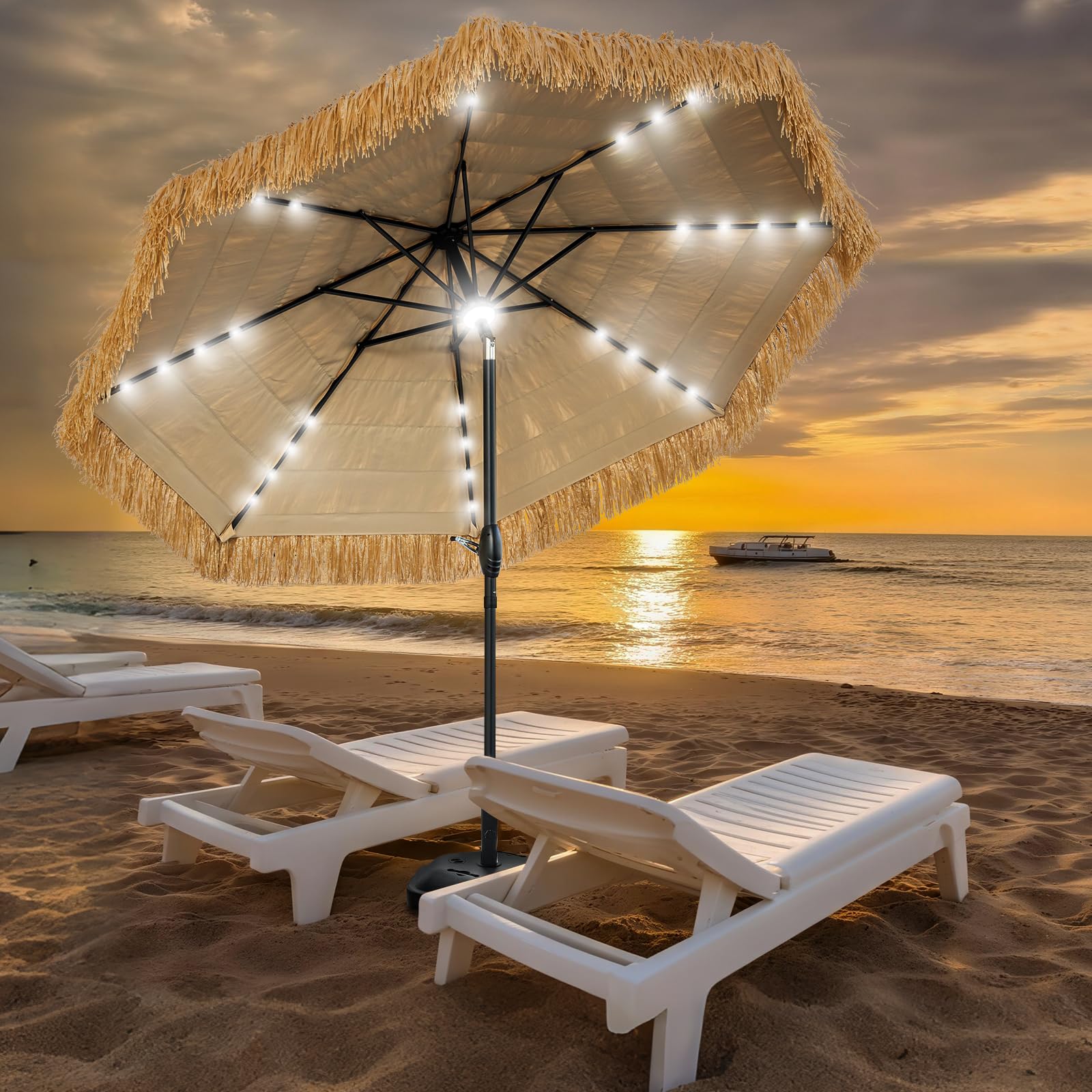 CBFULLRES 9ft solar thatch tiki umbrella provides tropical shade for patios