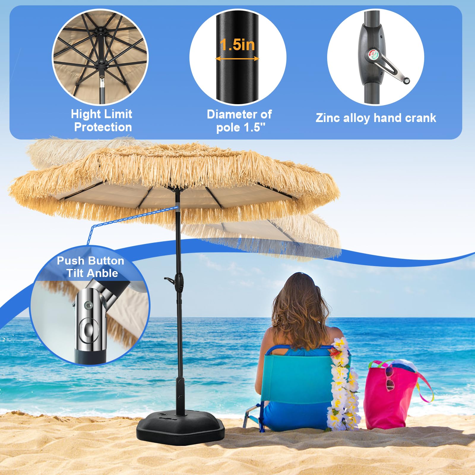 CBFULLRES tiki umbrella thatched canopy blocks sun for poolside lounging.