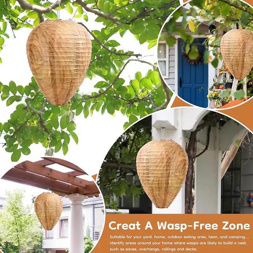 ccsxqy Wasp Nest Decoy hanging under eaves to deter wasp activity on the patio