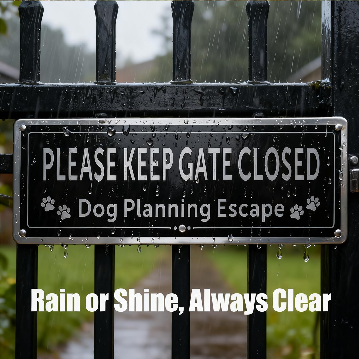 CDXHOME gate sign showing four pre-drilled holes for easy mounting.