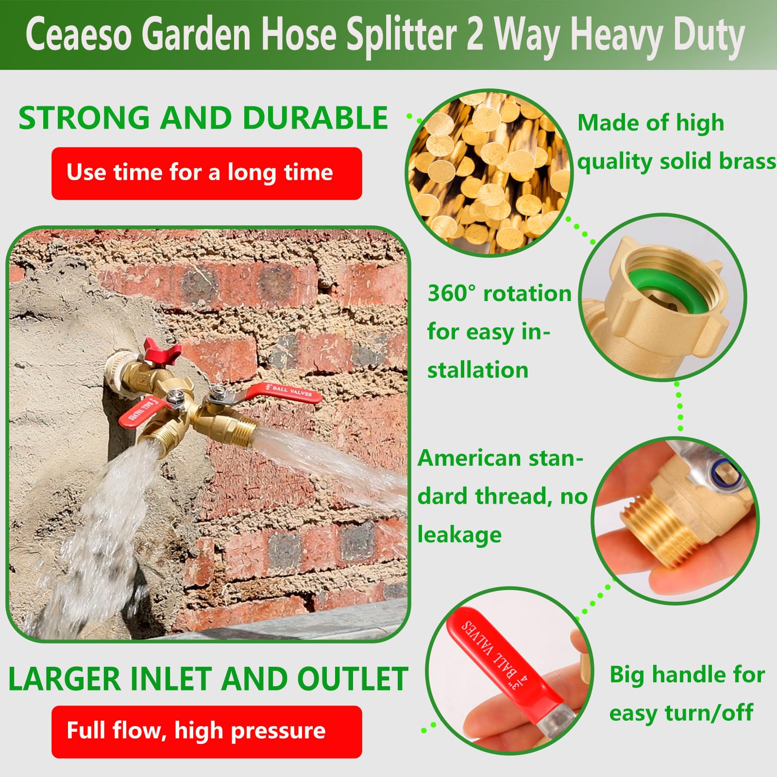 Ceaeso brass splitter with long stainless-steel handle for easy operation.