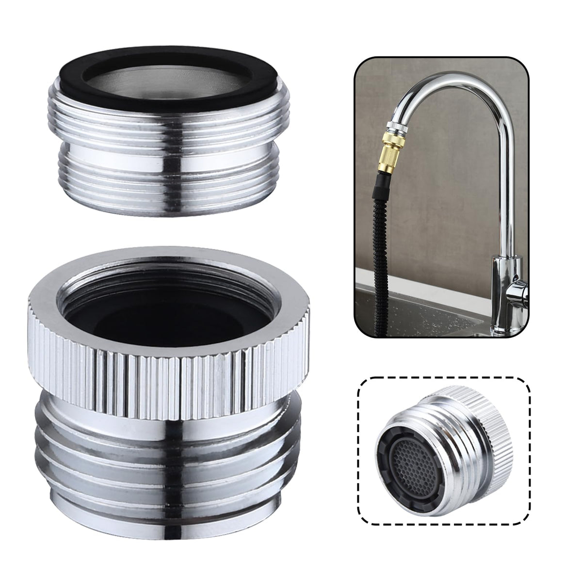 Ceaeso chrome faucet-to-hose adapter with aerator for splash-free watering.