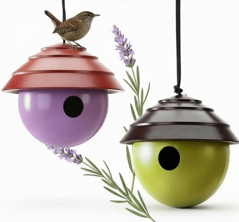 Cedar Alpha 2pk composite bird house exterior in sage green and lavender for outdoor use