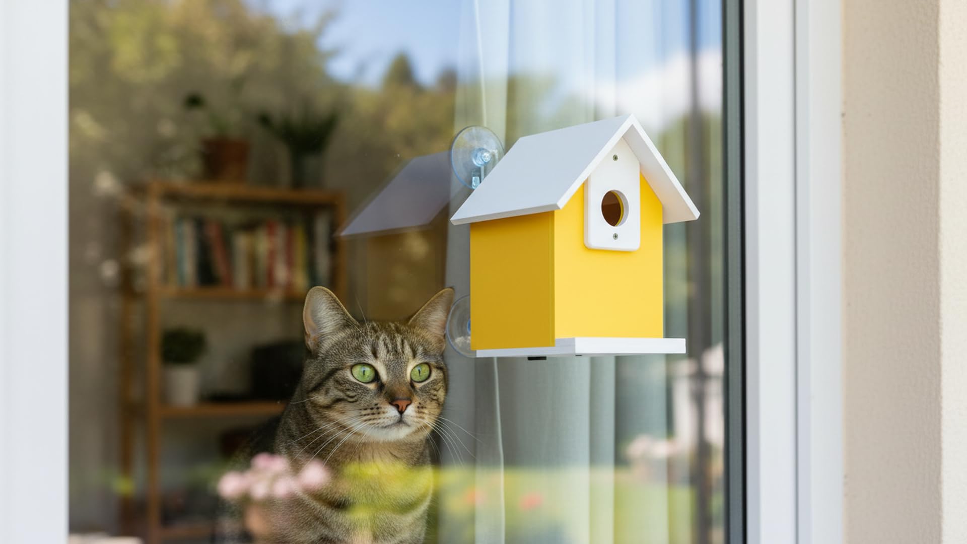 CEDAR ALPHA inside-view bird house with seed tray for easy refilling.