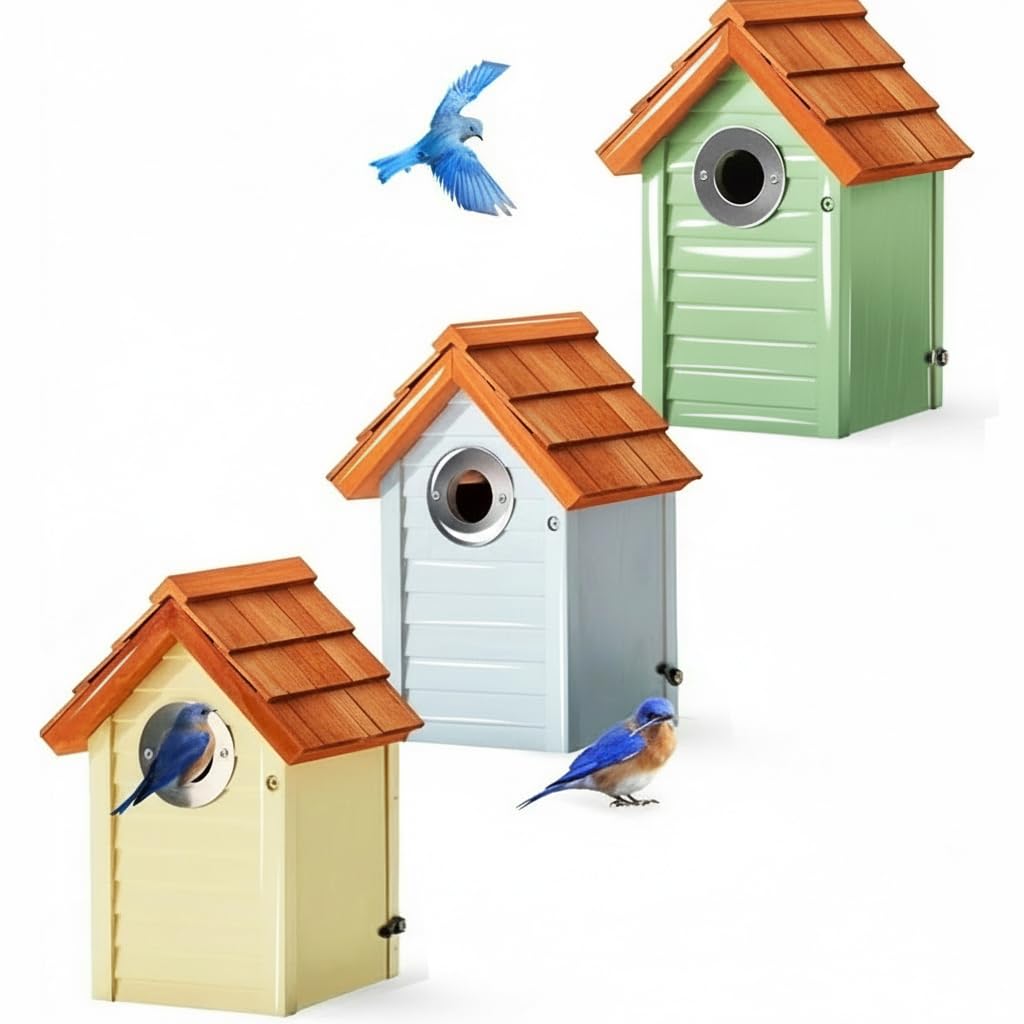 CEDAR ALPHA bluebird house with beach hut roof, durable outdoor nesting
