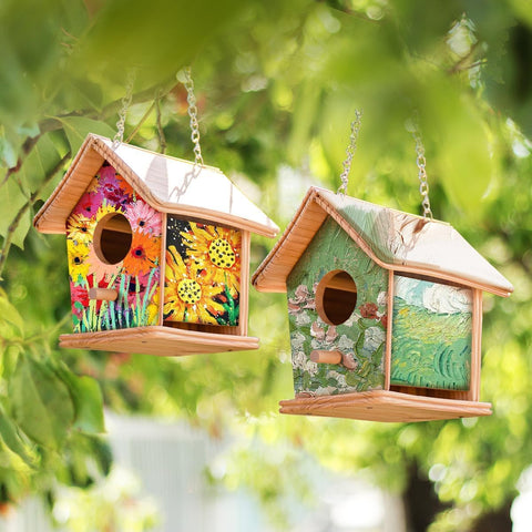CEDAR ALPHA garden bird home on display in backyard