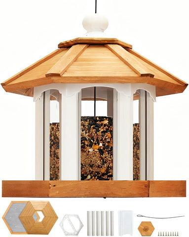 CEDAR ALPHA Gazebo Feeder assembly shows durable cedar for outdoor use.
