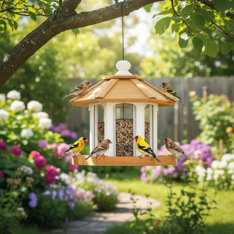 CEDAR ALPHA Gazebo Feeder close-up on cedar durability for weather.