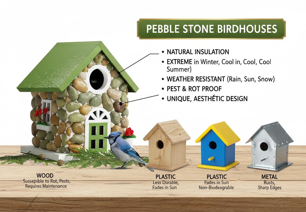 CEDAR ALPHA Masterpiece Bluebird House river pebble exterior blends with outdoor stone and wood.