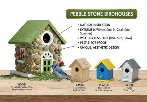 CEDAR ALPHA Masterpiece Bluebird House river pebble exterior blends with outdoor stone and wood.