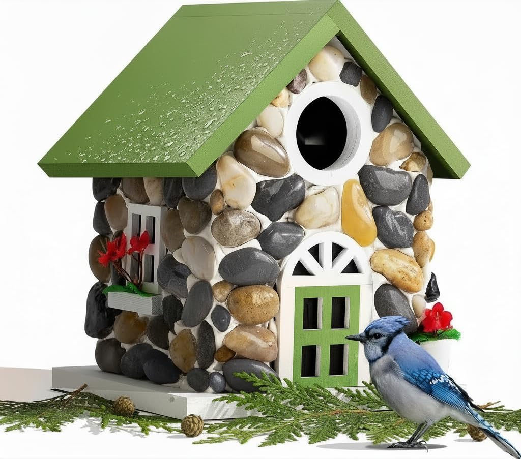 CEDAR ALPHA Masterpiece Bluebird House with river pebble exterior enhances garden aesthetics and bird habitat.