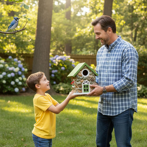 CEDAR ALPHA Masterpiece Bluebird House offers a tree-hanging option for natural light.