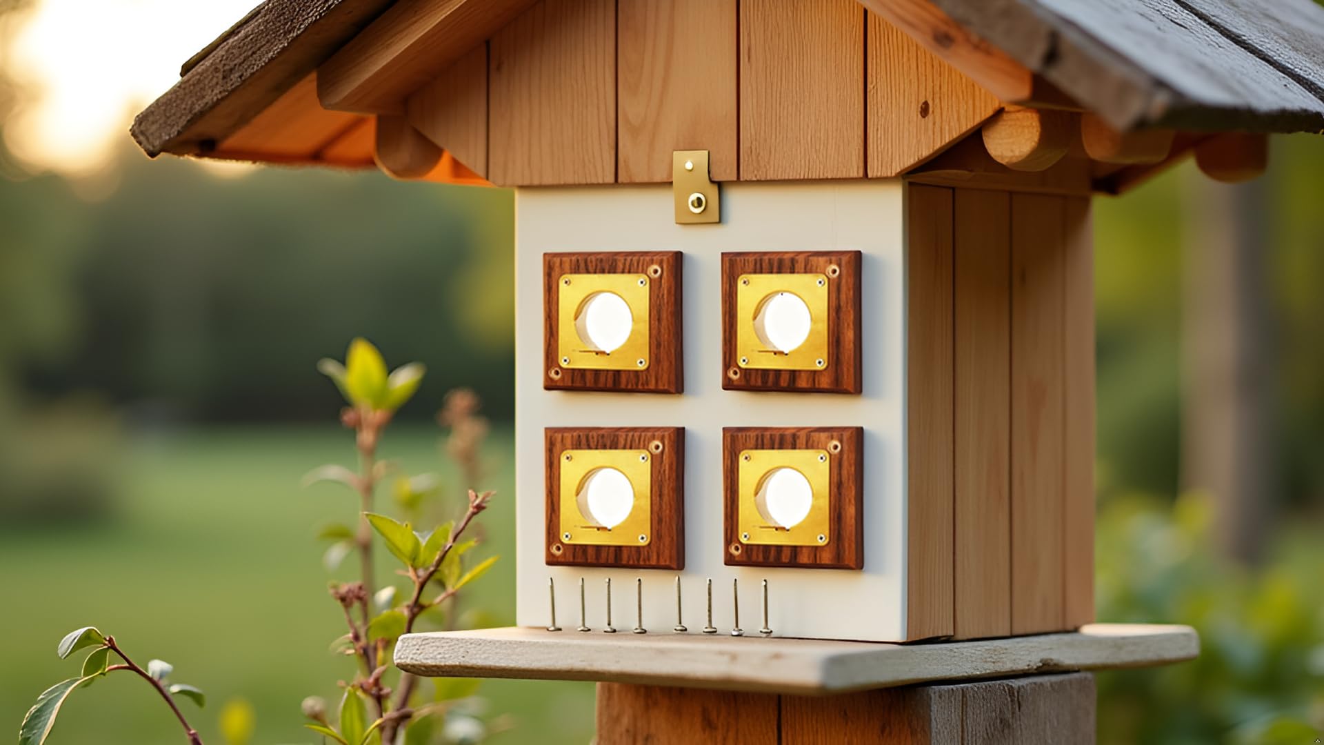 CEDAR ALPHA multi-use birdhouse protector shown on wooden box.