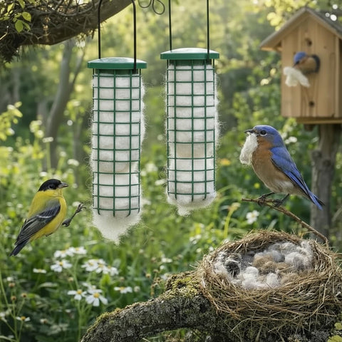 CEDAR ALPHA nesting heart fiber bird house provides year-round garden shelter.