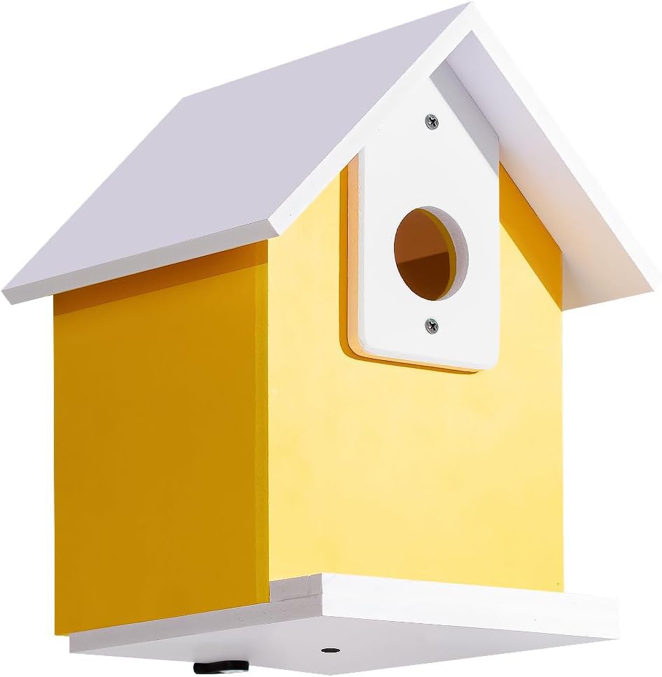 CEDAR ALPHA yellow outdoor bird house ready for seasonal garden viewing.