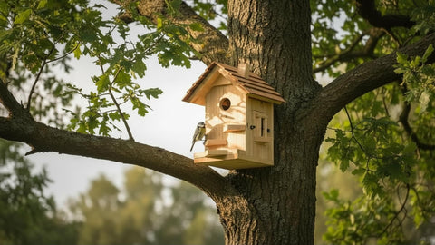 CEDAR ALPHA outdoor garden bird house in natural setting.