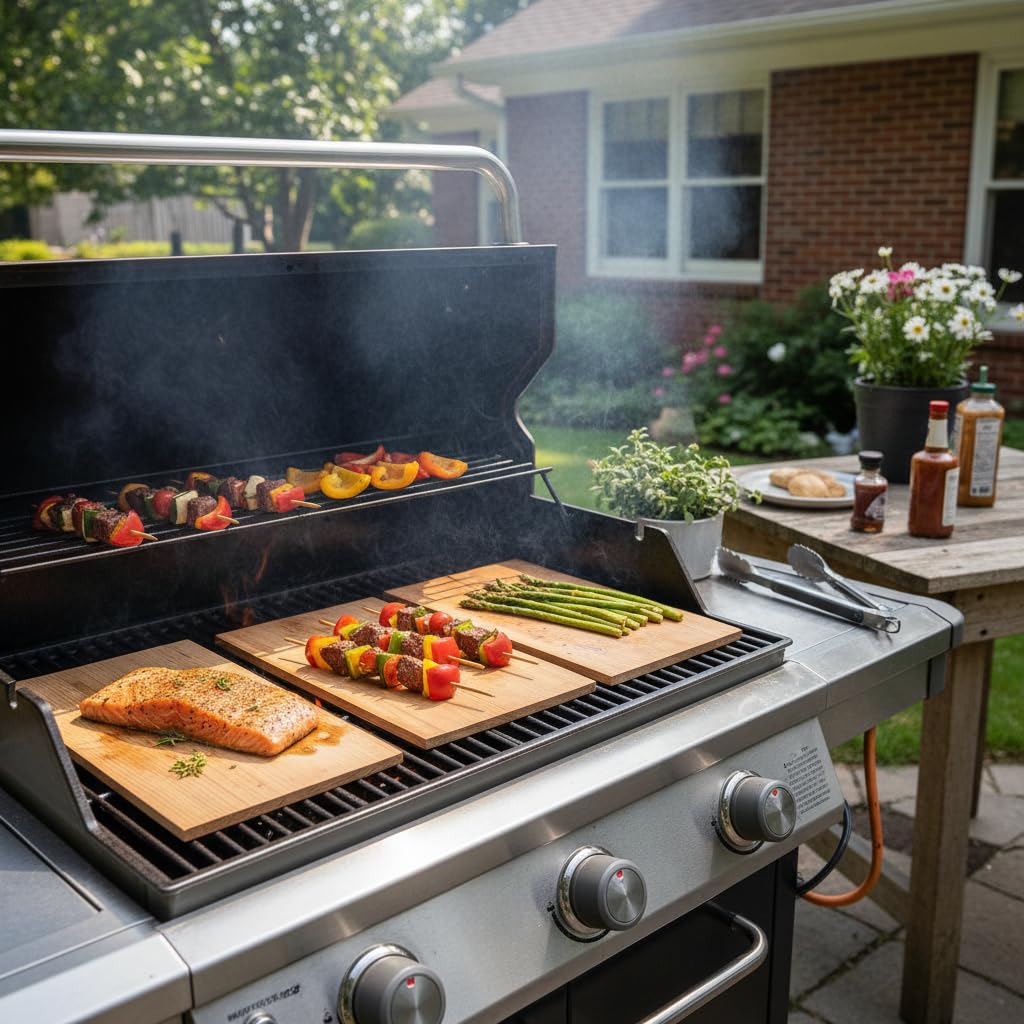 CEDAR ALPHA planks on grill delivering subtle smoky notes